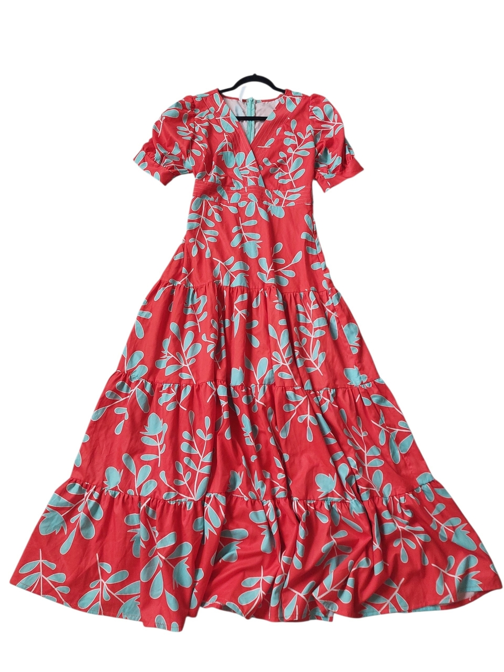 Red Tiered Maxi Dress with Teal Leaf Print